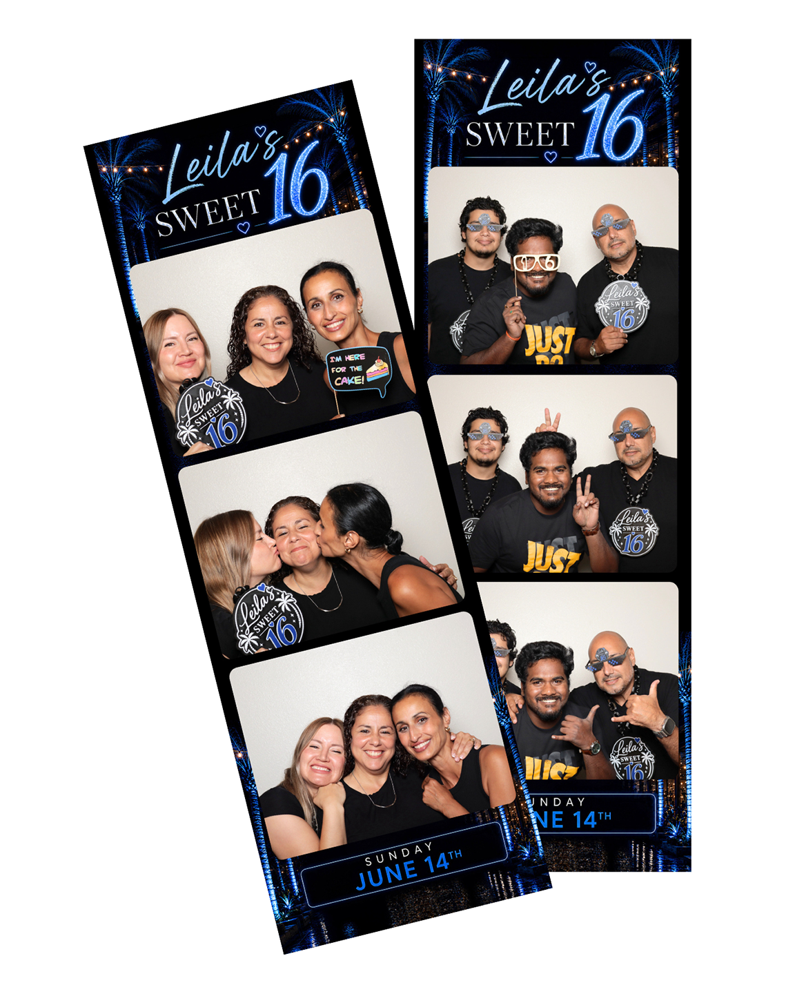 Custom Firstlight photobooth photo strip template with Sweet 16 branding and guest photos